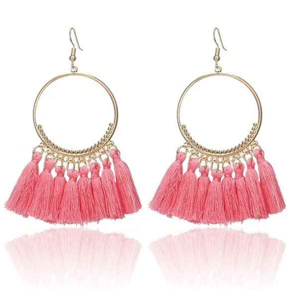 round Tassel ear Jewelry - Gypsy Tassel Earrings Pink Color Round Fringe